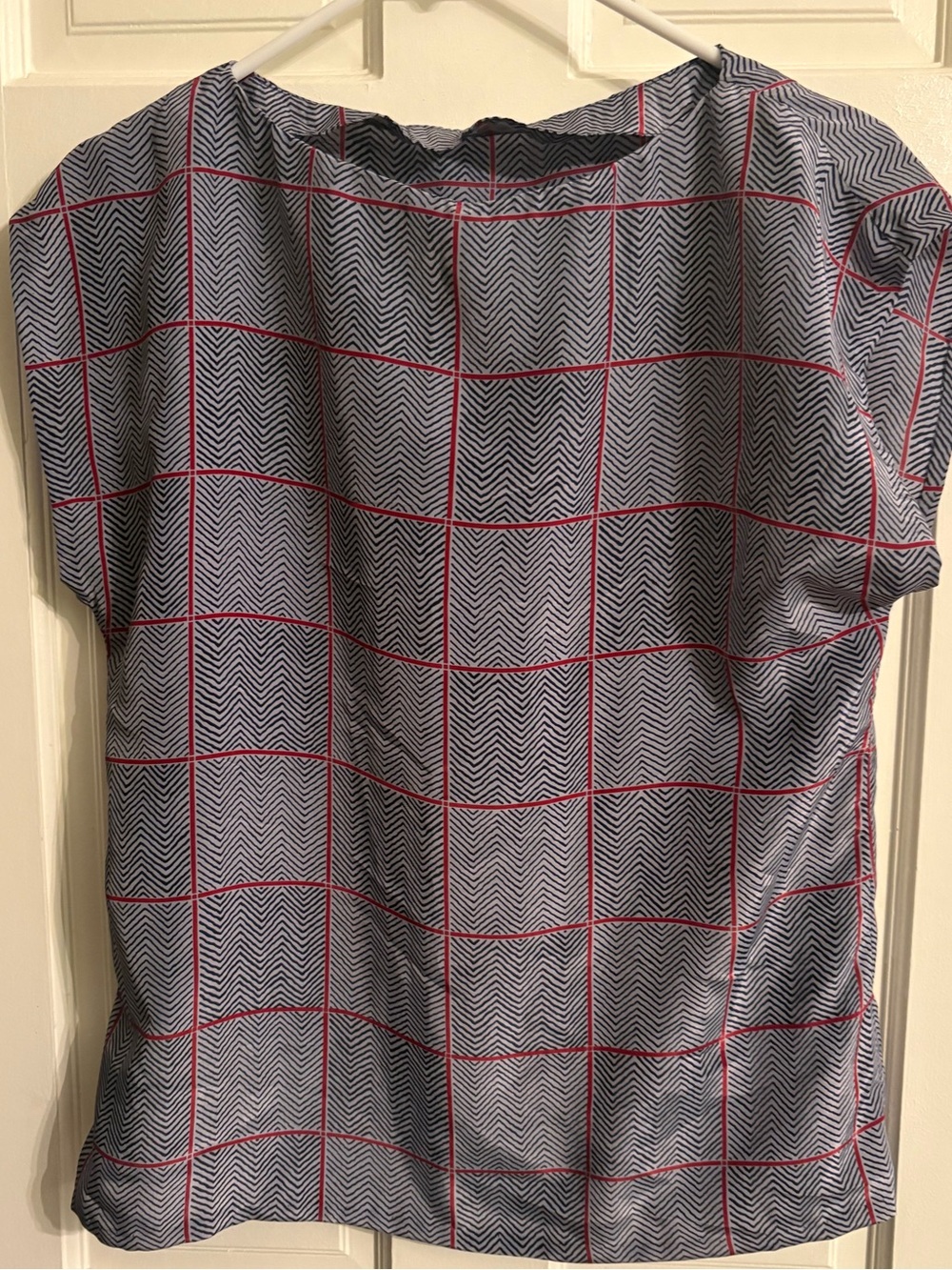 Women’s Vintage Navy Chevron Red Grid Short-Sleeve Blouse - handsewn